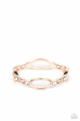 Interwoven Illusion - Rose Gold - Marquise Shape Metal and White Rhinestone Paparazzi Hinge Bracelet