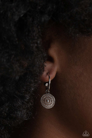 Mandala Maiden - Silver - Floral Filigree Disc Paparazzi Drop Hoop Earrings