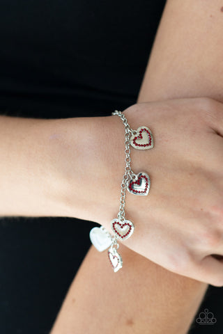 Matchmaker, Matchmaker - Red - Rhinestone Heart Charm Paparazzi Lobster Claw Bracelet
