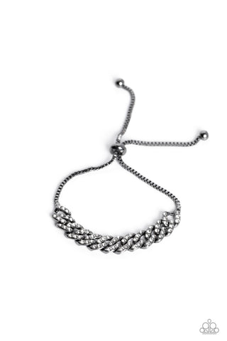 Mecca Metro - Black - White Rhinestone Encrusted Gunmetal Chain Paparazzi Bolo Bracelet