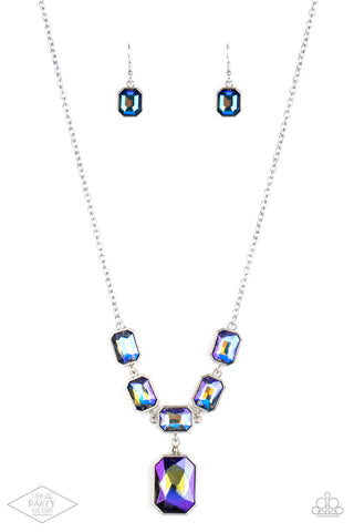 Million Dollar Moment - Multi - Blue Oil spill Emerald-Cut Gem Paparazzi Short Necklace - September 2020 Life of the Party Exclusive/Black Diamond Exclusive