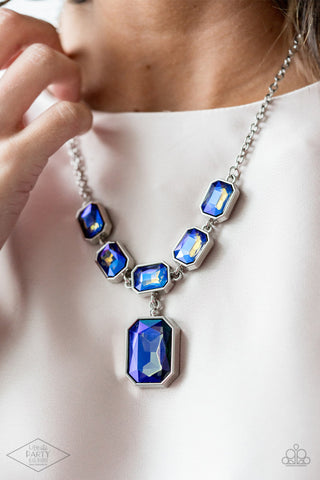 Million Dollar Moment - Multi - Blue Oil spill Emerald-Cut Gem Paparazzi Short Necklace - September 2020 Life of the Party Exclusive/Black Diamond Exclusive