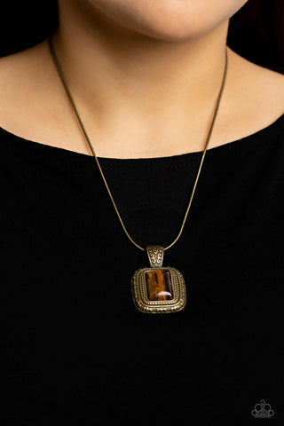 Right Hand TALISMAN - Brass - Rectangular Tiger's Eye Stone Paparazzi Short Necklace