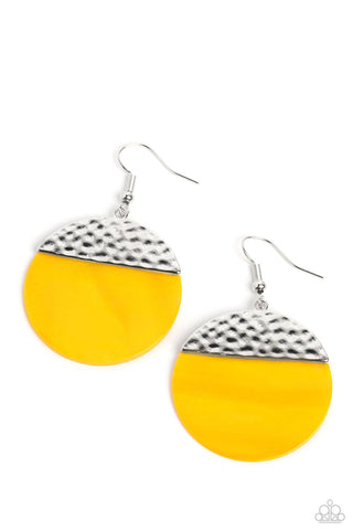 SHELL Out - Yellow - Oversized Seashell Hammered Silver Half Moon Paparazzi Fishhook Earrings