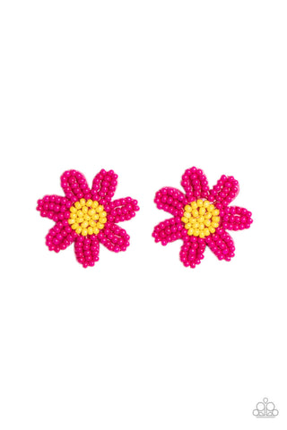 Sensational Seeds - Pink - Seed Bead Daisy Flower Paparazzi Post Earrings