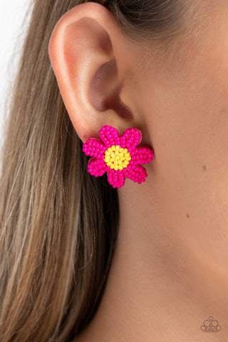Sensational Seeds - Pink - Seed Bead Daisy Flower Paparazzi Post Earrings