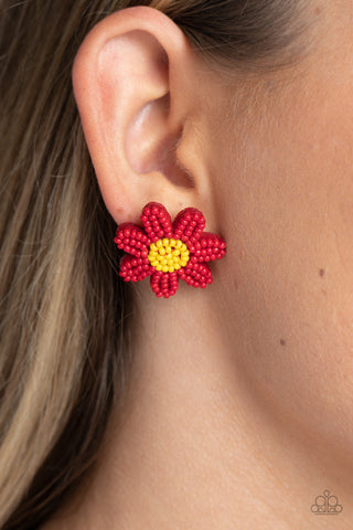 Sensational Seeds - Red - Seed Bead Daisy Flower Paparazzi Post Earrings