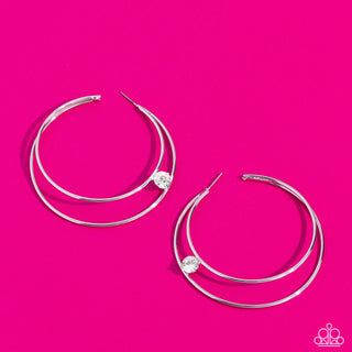 Theater HOOP - White - White Gem Oversized Paparazzi Hoop Earrings - May 2023 Life of the Party Exclusive