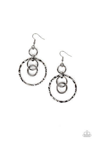 Twisted Temptation - Black - Gunmetal Hammered Interlocking Hoop Paparazzi Fishhook Earrings