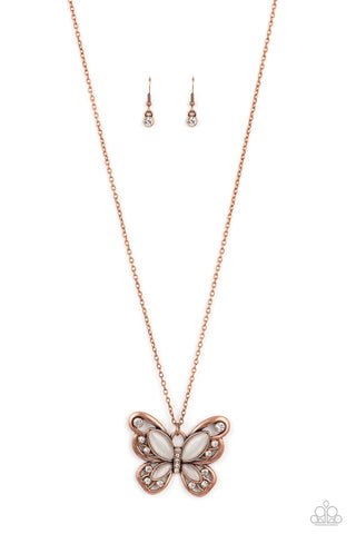 Wings of Whimsy - Copper - White Cat's Eye Stone Filigree Butterfly Paparazzi Long Necklace