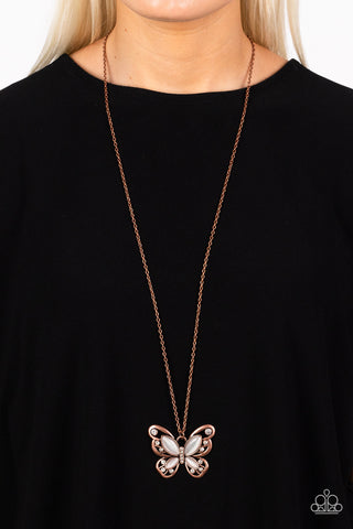 Wings of Whimsy - Copper - White Cat's Eye Stone Filigree Butterfly Paparazzi Long Necklace