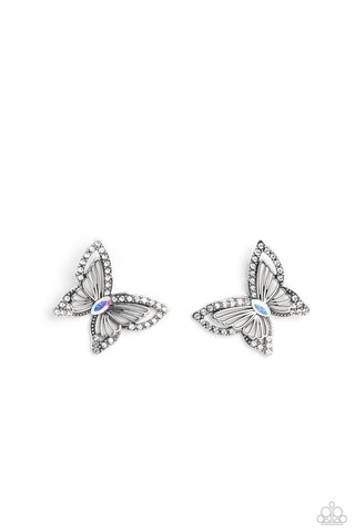 Wispy Wings - Multi - Iridescent Rhinestone Encrusted Butterfly Paparazzi Post Earrings