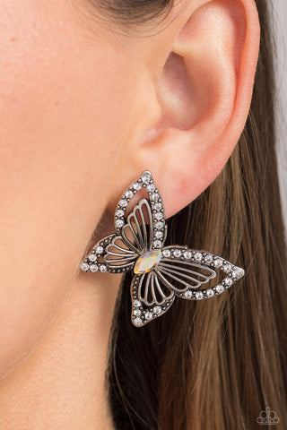 Wispy Wings - Multi - Iridescent Rhinestone Encrusted Butterfly Paparazzi Post Earrings