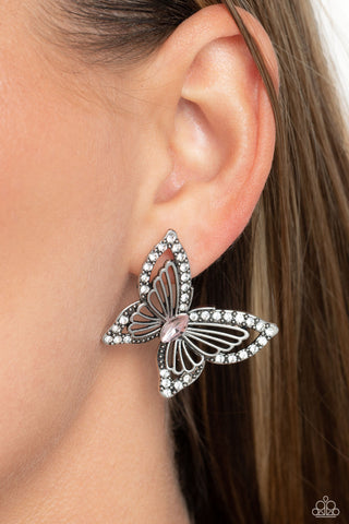 Wispy Wings - Pink - Rhinestone Encrusted Butterfly Paparazzi Post Earrings