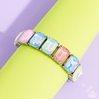 Glamorous Getaway - Multi - Oversized Opalescent Colorful Gem Paparazzi Stretchy Bracelet - March 2024 Life of the Party Exclusive/Black Diamond Exclusive