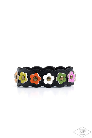 Little Miss Sunshine - Multi - Scalloped Edge Leather Flower Paparazzi Snap Wrap Bracelet - Black Diamond Exclusive