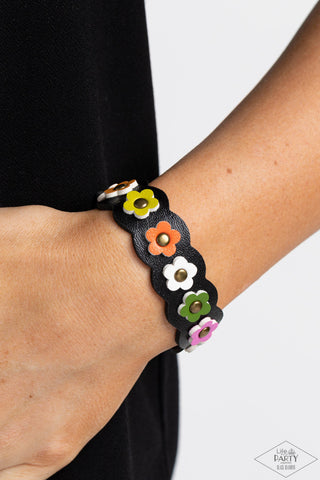 Little Miss Sunshine - Multi - Scalloped Edge Leather Flower Paparazzi Snap Wrap Bracelet - Black Diamond Exclusive