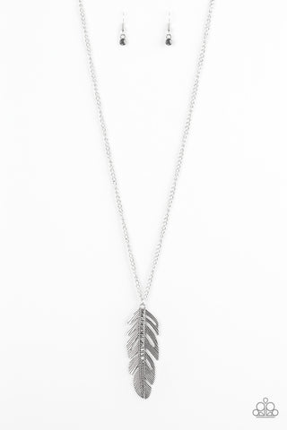 Sky Quest - Silver - Hematite Rhinestone Center Feather Paparazzi Long Necklace
