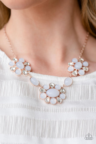 Your Chariot Awaits - Rose Gold - White Rhinestone Opalescent Bead Paparazzi Short Necklace - October 2022 Life of the Party Exclusive